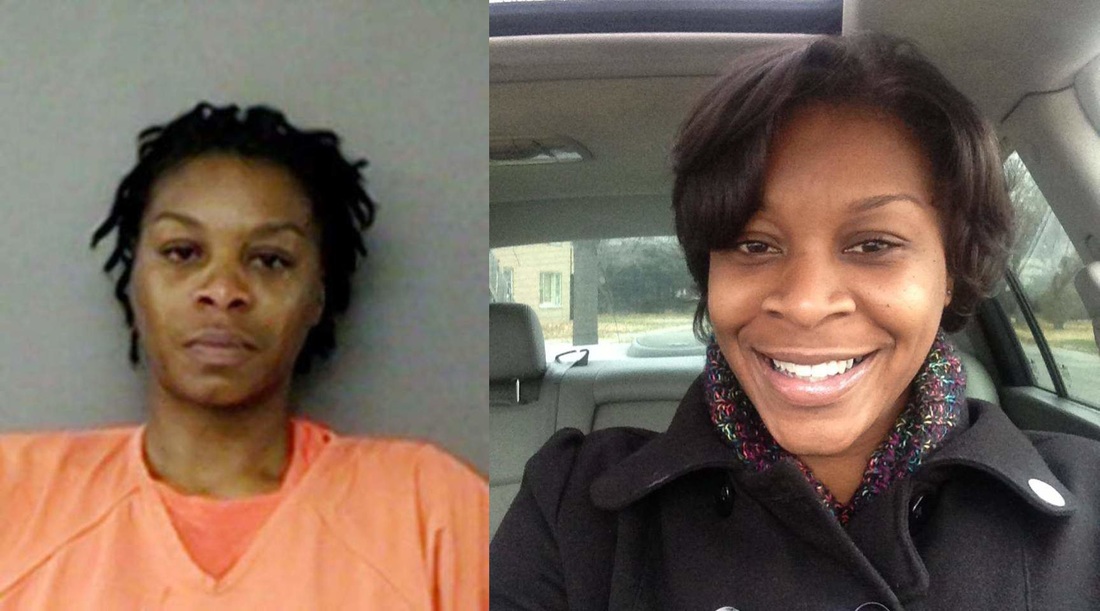 © Heavy.com, Sandra Bland’s mugshot, left, and a photo f...
